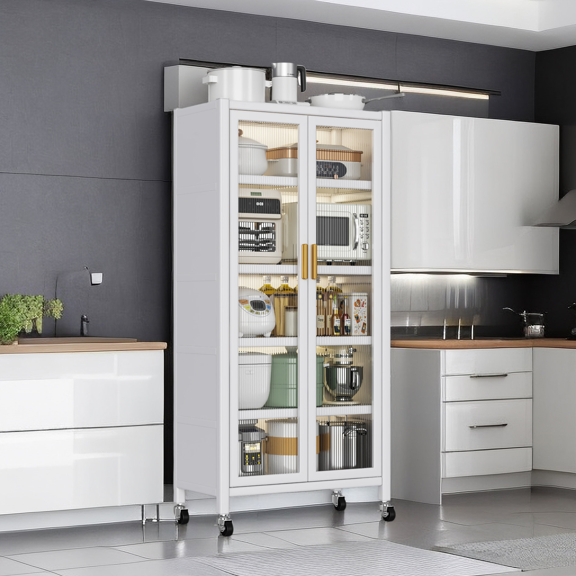 Vertical Storage White Kitchen Cabinet with Lockers and Smooth Movement ...