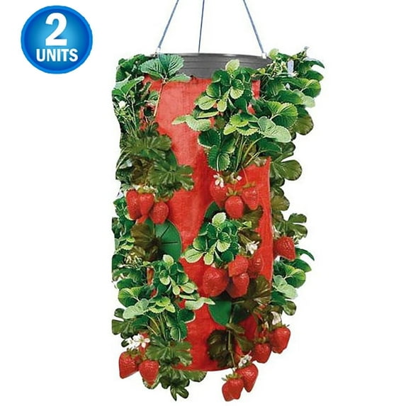 Vertical Strawberry & Herb Gardening Grow Organic Bag Planter - Upside Down Hanging Planter Balcony Container Gardening of Tomatoes, Peppers, and Flowers w/ Organic Watering System - 2PC