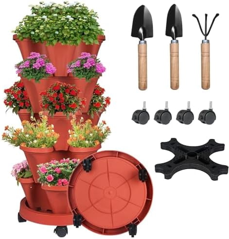 Stackable Plabter Vertical Strawberry Planter-5 Tier Stackable Herb Tower Planters ...