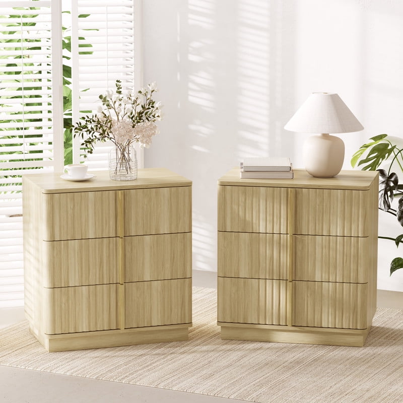 Vertical Stripe 3-Drawer Nightstand Set of 2,Vintage Retro End Table Coffee Table for Bedroom, Living Room, Home Office,Natural