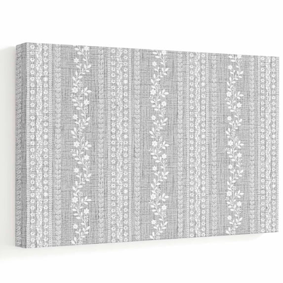 Home Countries Study Vertical Stripe Canvas Wall Art, Country White Tiny Floral Gray Linen ...