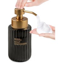 Vertical Stripe Ceramic Soap Dispenser with Gold Lettering, Foaming Hand Soap Dispenser for Bathroom (Matte White)