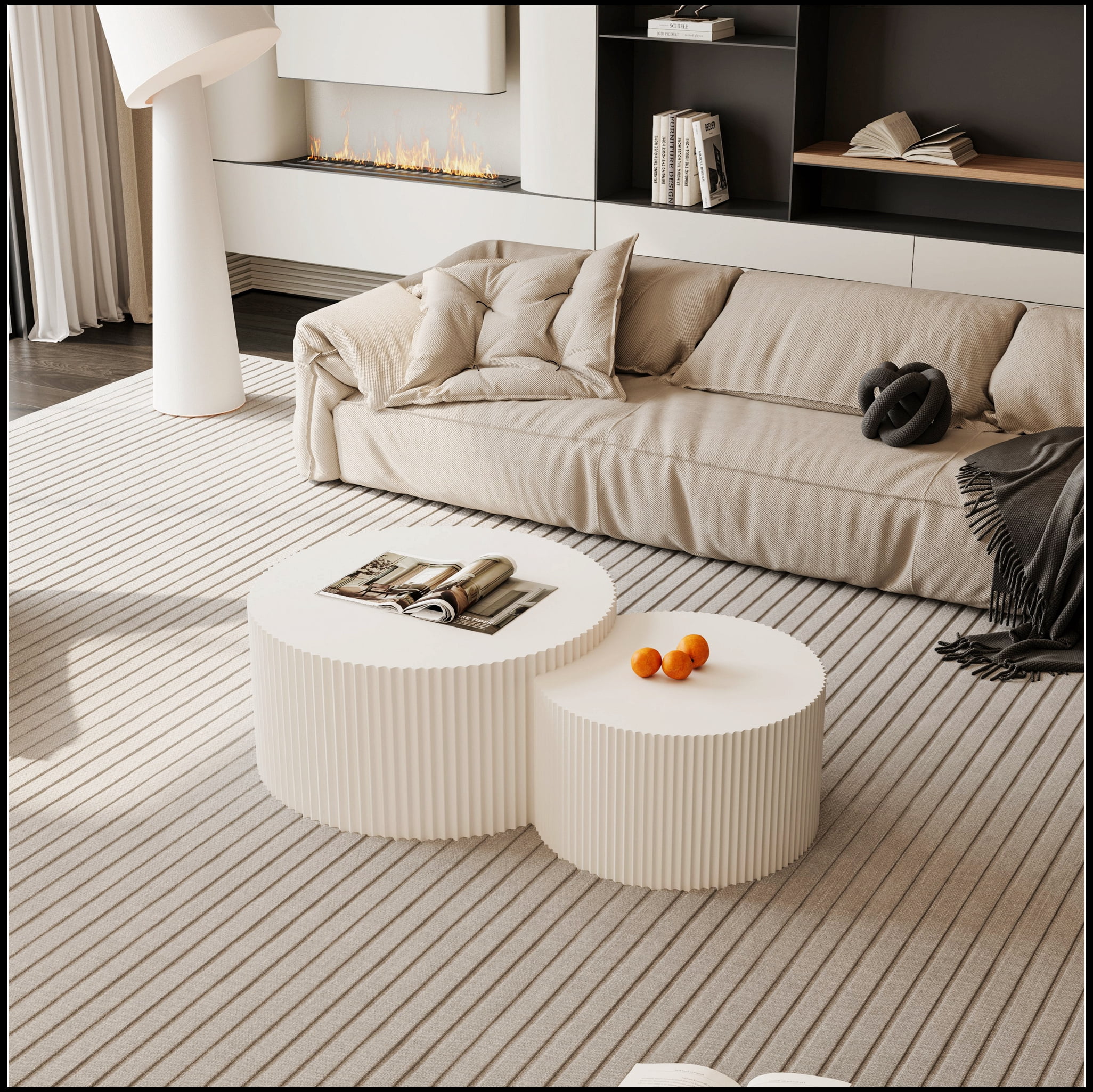 Vertical Stripe Design Nesting Coffee Table Set for Living Room, Bedroom, Beige(Set of 2 Pieces)