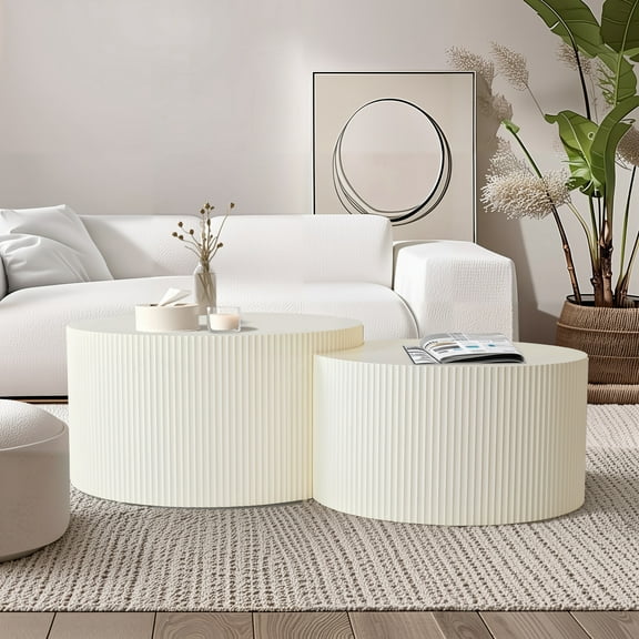Vertical Stripe Design Nesting Coffee Table Set for Living Room, Bedroom, Beige(Set of 2 Pieces)