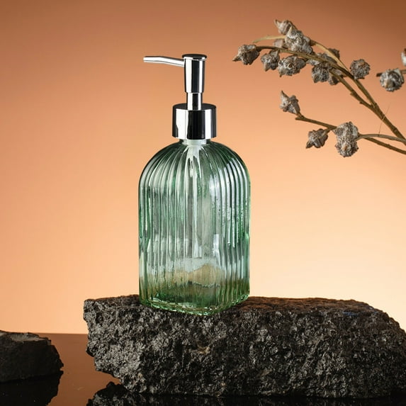Vertical Stripe Glass Soap Dispenser | 350Ml Refillable Pump Bottle for Hand Soap, Shampoo & Body Wash | Green Pressed Glass Design for Bathroom & Kitchen Decor