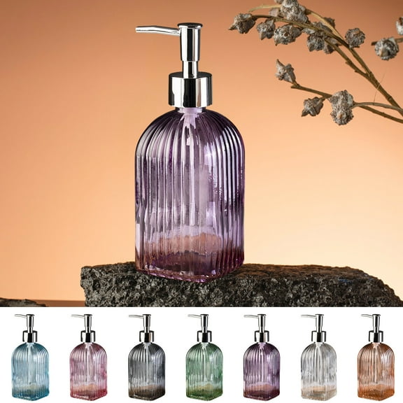 Vertical Stripe Glass Soap Dispenser, Press Type Liquid Bottle, Refillable Pump for Shower Gel or Shampoo, 350ml Capacity, Blue,Vsgery