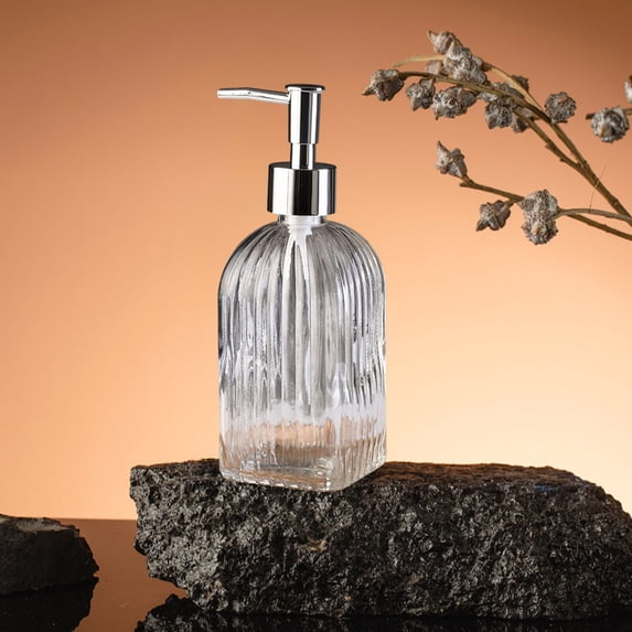 Vertical Stripe Glass Soap Dispenser, Pressed Colored Glass Pump Bottle for Bathroom, Refillable Shower Gel Container for Kitchen Sink Organization, Modern Home Decor Enhancement and Gift, AESTIVO
