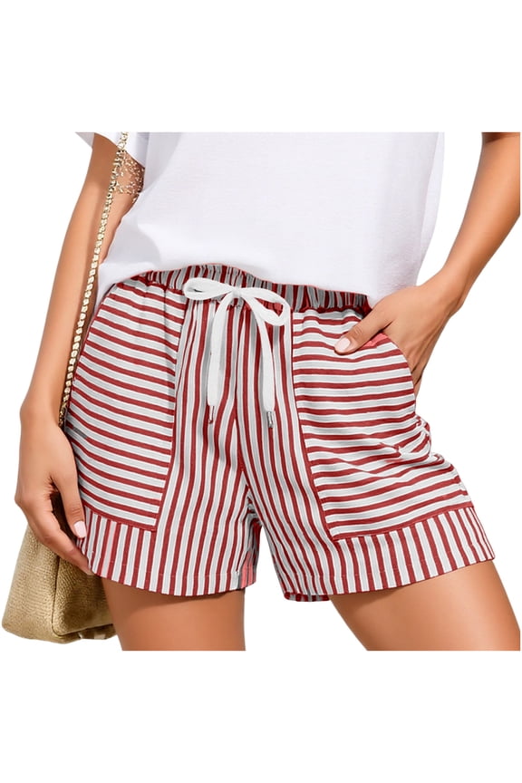Vertical Stripe Lounge Shorts for Women, High Rise Elastic Waist Drawstring Summer Bottoms, Functional Patch Pocket Fashion Shorts