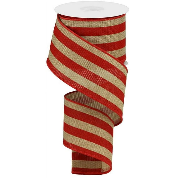 Vertical Stripe On Cross Royal Canvas Wired Edge Ribbon - 10 Yards (Beige, Red, 2.5")RGA126201