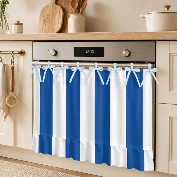 Vertical Stripe Oven Skirt Curtain, Minimalist Modern Cobalt Parallel Colored Line Tie Top Tier Curtains Stove Dishwasher Skirt Small Window Drapes for Kitchen Bathroom Cafe 27"x20"
