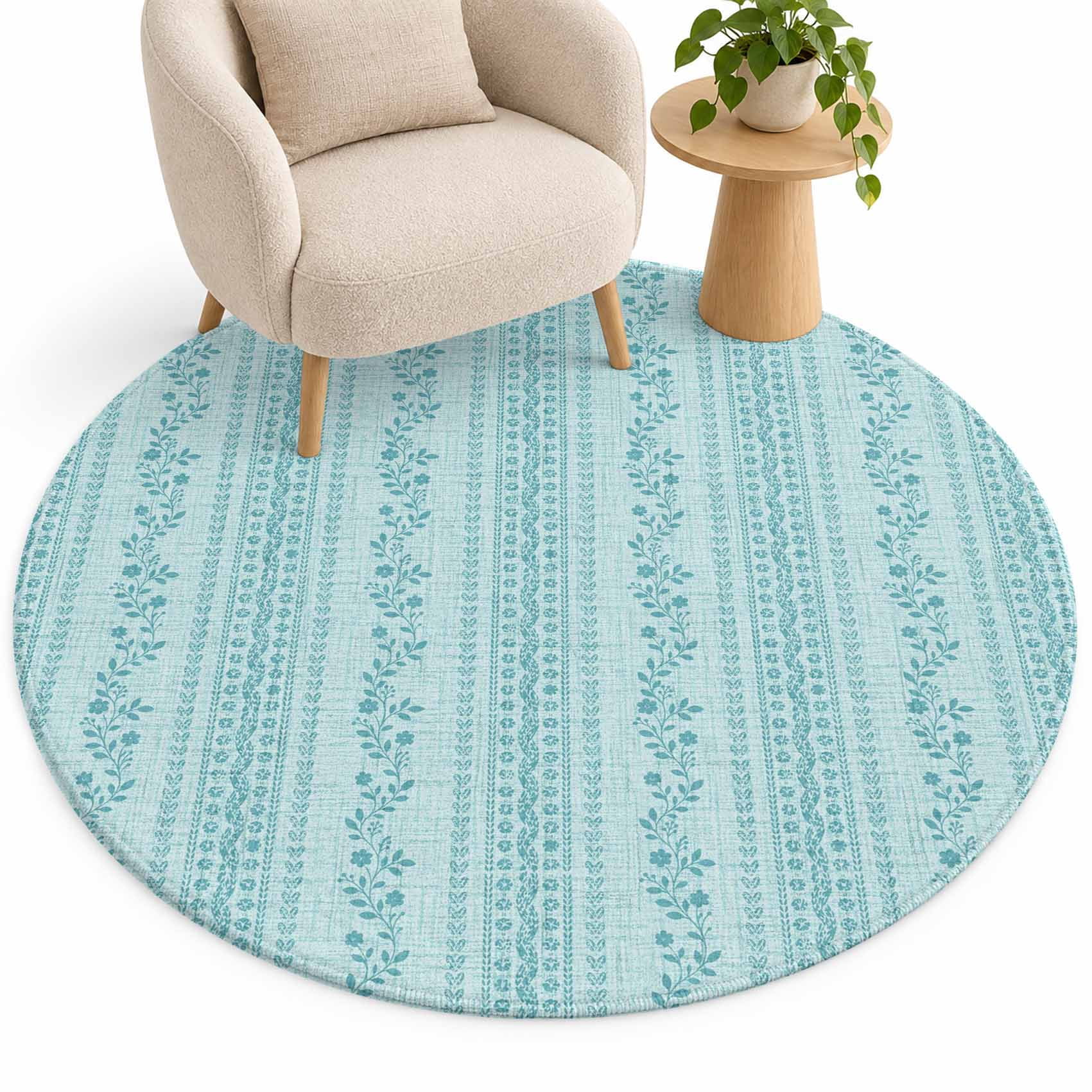 Vertical Stripe Round Area Rugs 3 ft, Boho Chic Blue Tiny Floral Linen ...
