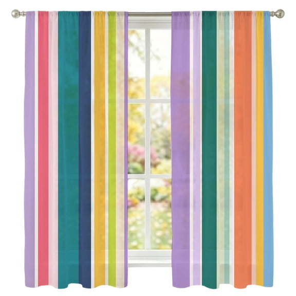 Vertical Stripe Sheer Curtains 72 Inches Long 2 Panels, Modern Minimalist Purple Green Parallel Lines Semi Sheer Rod Pocket Window Curtains Light Filtering Drapes for Living Room Bedroom