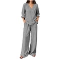 thumbnail image 1 of Vertical Stripe Two Piece Pant Set for Women, V Neck Short Sleeve Pocket Resort Loungewear Suit Gray XXXL(XXXL), 1 of 6