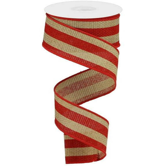 Vertical Stripe Wired Edge Ribbon - 10 Yards (Beige, Red, 1.5")