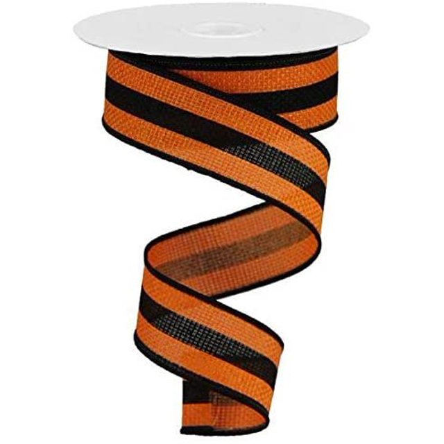 Vertical Stripe Wired Edge Ribbon 10 Yards Orange, Black, 1.5