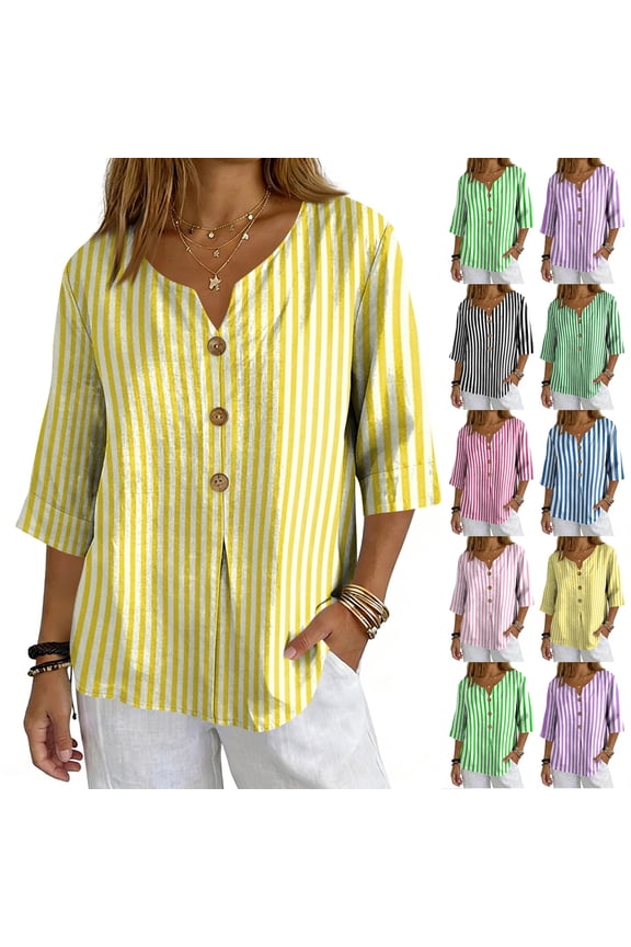 Vertical Striped 3/4 Sleeve Blouses for Women Summer Button Down Linen V Neck Shirts Lightweight Casual Vacation Tops,XL,#02 Yellow