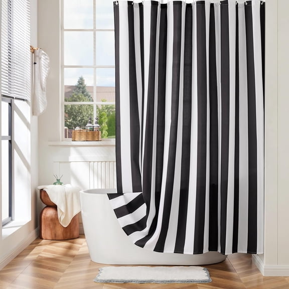 Vertical Striped Blue Shower Curtain, Cute Retro Vintage Blue Stripe Bathroom Bow Shower Curtain, Waterproof Polyester Fabric Modern Shower Curtain for Bathroom 72x72 Inches