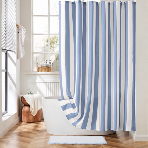 Vertical Striped Blue Shower Curtain, Cute Retro Vintage Blue Stripe Bathroom Bow Shower Curtain, Waterproof Polyester Fabric Modern Shower Curtain for Bathroom 72x72 Inches