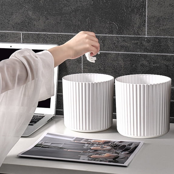 Vertical Striped Desktop Trash Can | Lidless Round Small Waste Bin for Bedroom Kitchen Bathroom | Thickened Plastic Mini Trash Can | 5.8-Inch White