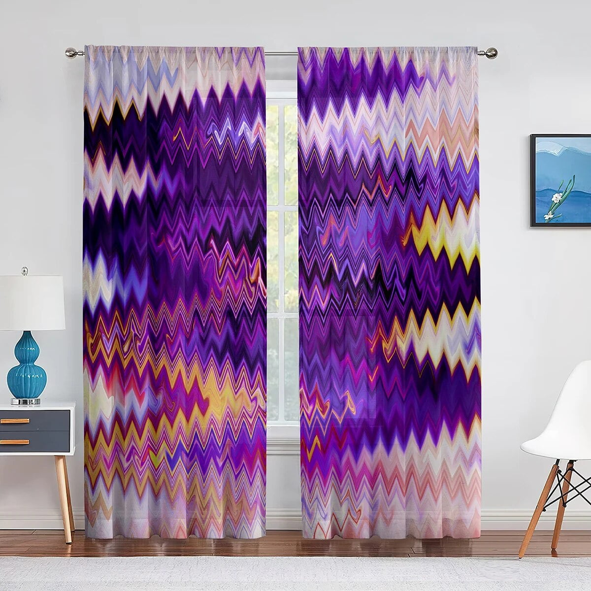 Vertical Striped Geometric Straight Lines Tulle Curtains for Living