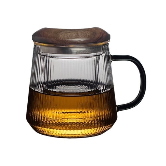 Vertical Striped Glass Tea Cup with Infuser and Lid, Clear Glass Mugs for Steeping Blooming Loose Leaf