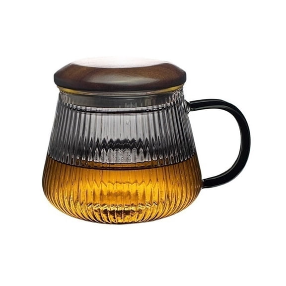Vertical Striped Glass Tea Cup with Infuser and Lid, Clear Glass Mugs for Steeping Blooming Loose Leaf