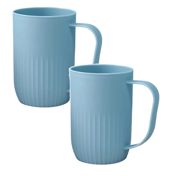 Vertical Striped Plastic Toothbrush Mug 2-Pack, Ergonomic Handle for Bathroom, Multi-Use Rinse Cup for Travel & Hotel, Stackable, Light Blue