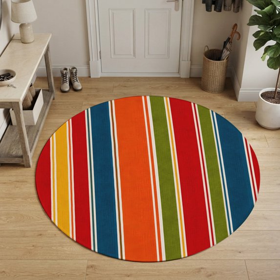 Vertical Striped Round Area Rug 4Ft Washable Circle Rugs for Bedroom Dining Room, Retro Minimalist Lines Rustic Boho Non-Slip Carpet Floor Mats Indoor Outdoor Carpet Runner Aesthetic Home Decor