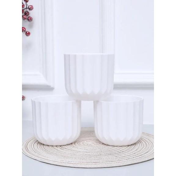 Vertical Striped Round Flower Pot 3 Piece Set, White Plastic Planters, 4 Inch, Indoor