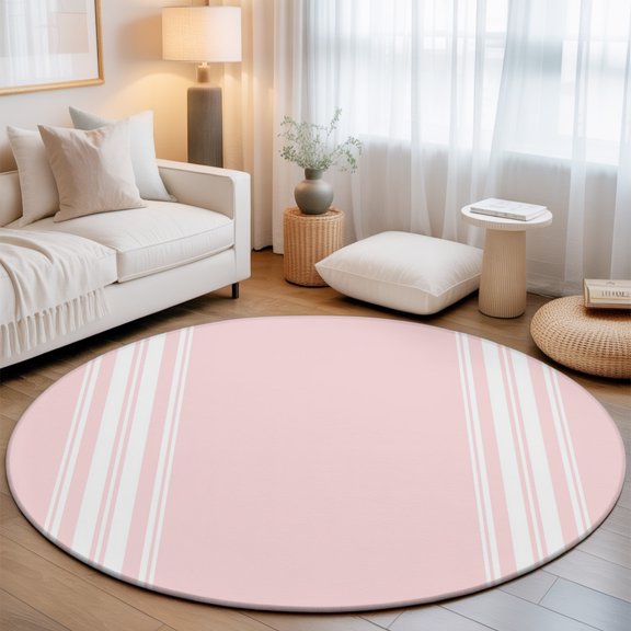 Vertical Stripes 8' Round Rugs for Open Concept Living Room Seating Zone, Rustic Minimalist Parallel Lines Pink Washable Non Slip Mats Large Circle Lounge Area Area Rug
