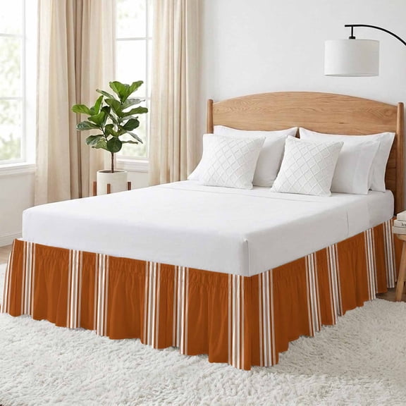 Vertical Stripes Bed Skirt California King Size 16 Inch Drop, Rustic Minimalist Parallel Lines Deep Rust Adjustable Elastic Dust Ruffles Bedskirt Wrap Around Pleated Mattress Frame Cover