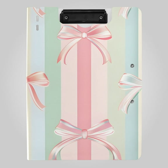 Vertical Stripes Bowknots Foldable Binder Folder Clipboard with Pen Slot Double Clips A4 Size File Storage