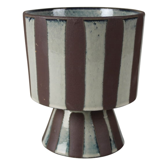 Vertical Stripes Ceramic Vase with Pedestal Base,Large,Gray and Brown- Saltoro Sherpi