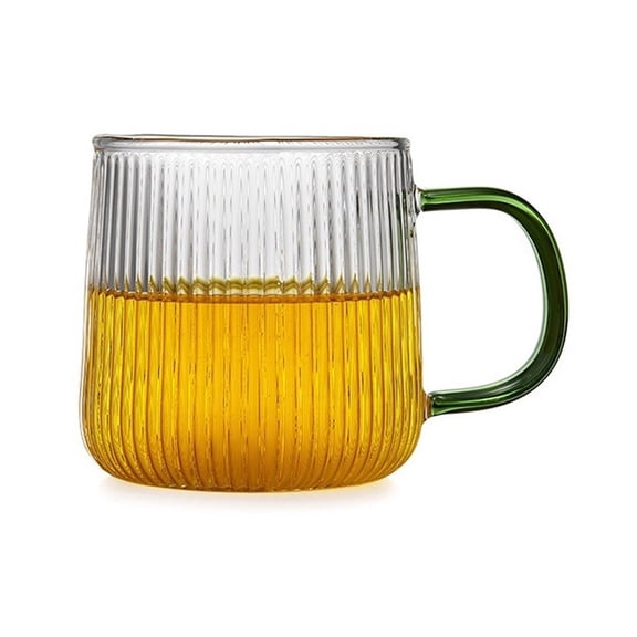 Vertical Stripes Glass Drinking Cup with Colorful Handle, 320ml Clear Borosilicate Glass Mug