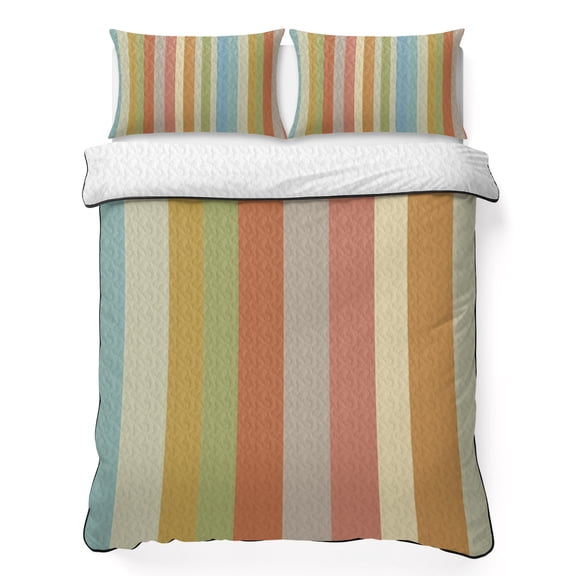 Vertical Stripes King Quilt Bedding Set, Minimalist Modern Terracotta Green Sand Parallel Lightweight Comforter with 2 Pillow Shams Bedroom Bedspread Set Home Decor for All Seasons