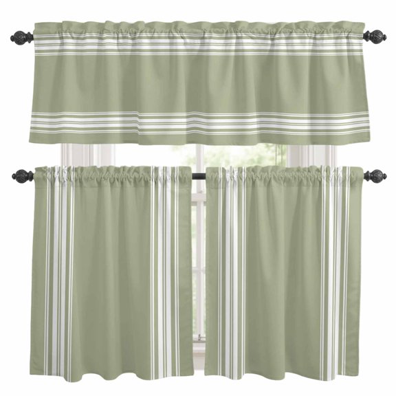 Vertical Stripes Kitchen Curtains Valances 3 Piece Set, Rustic Minimalist Parallel Lines Sage Green Rod Pocket Tier Curtain and Valance Drapes for Small Window 36 Inch Length for Bedroom Cafe