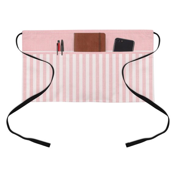 Vertical Stripes Kitchen Restaurant Half Waist Apron, Rustic Minimalist Soft Pink Lines Linen Texture Server Short Apron with 3 Pockets Waterproof Oil Waist Aprons for Women Waitress Waiter