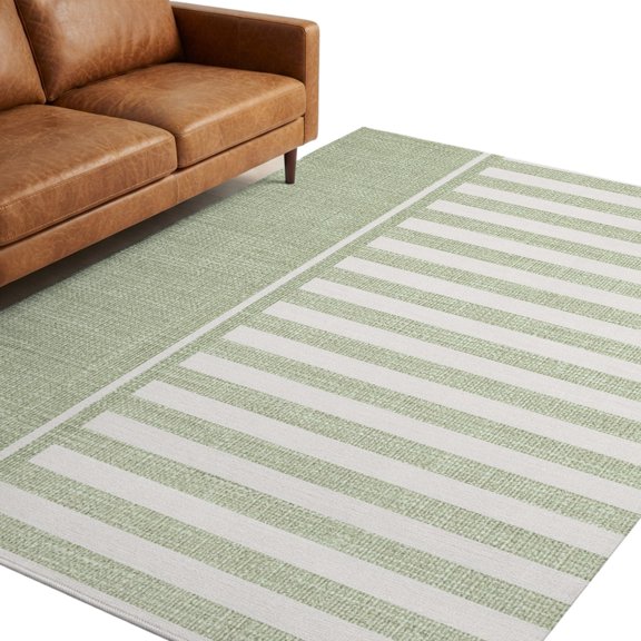 Vertical Stripes Washable Area Rug 5 x 8 ft Rustic Minimalist Green Lines Linen Texture Soft Non‑Slip Rugs Stain Repellent Indoor Mats for Spacious Family Room, Long Dining‑Table, Sunroom