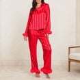 thumbnail image 1 of Vertical Stripes Women Long Sleeves Dress for Sleeping Women Pajamas Set Heart Print Satin Trim Long Sleeve Shirt Pants Set Pajama Sets, 1 of 5