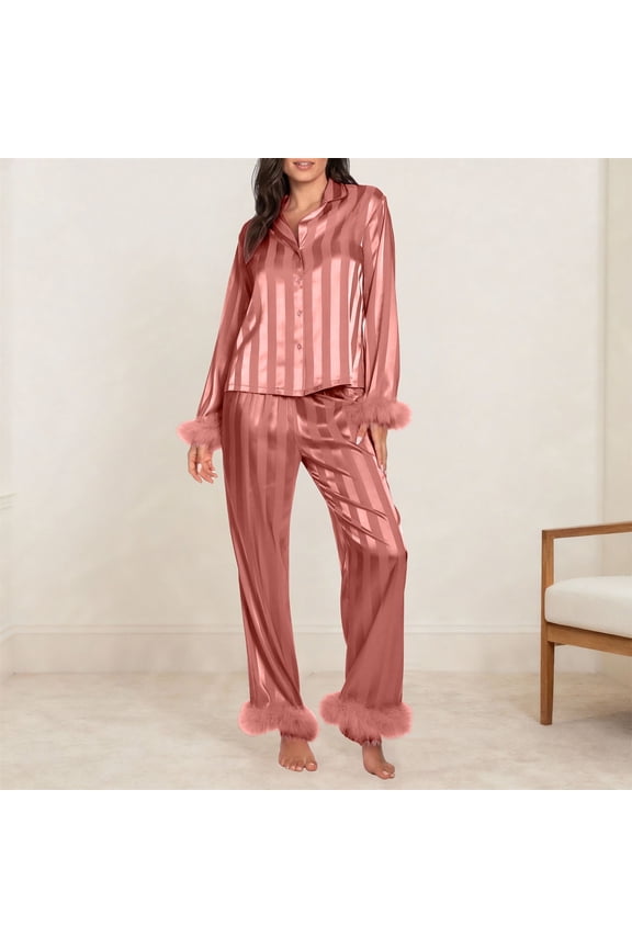 Vertical Stripes Women Long Sleeves Sleek Sleep Lounge Dress Women Pajamas Set Heart Print Satin Trim Long Sleeve Shirt Pants Set Pajama Sets
