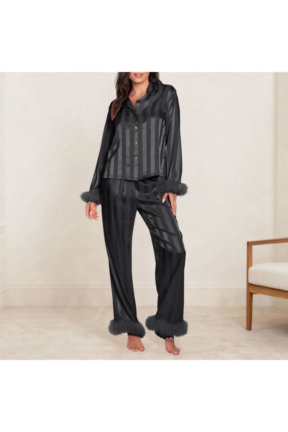Vertical Stripes Women Long Sleeves Women 3 In 1 Delivery/Labor/Maternity/Nursing Nightgown Short Women Pajamas Set Heart Print Satin Trim Long Sleeve Shirt Pants Set Pajama Sets