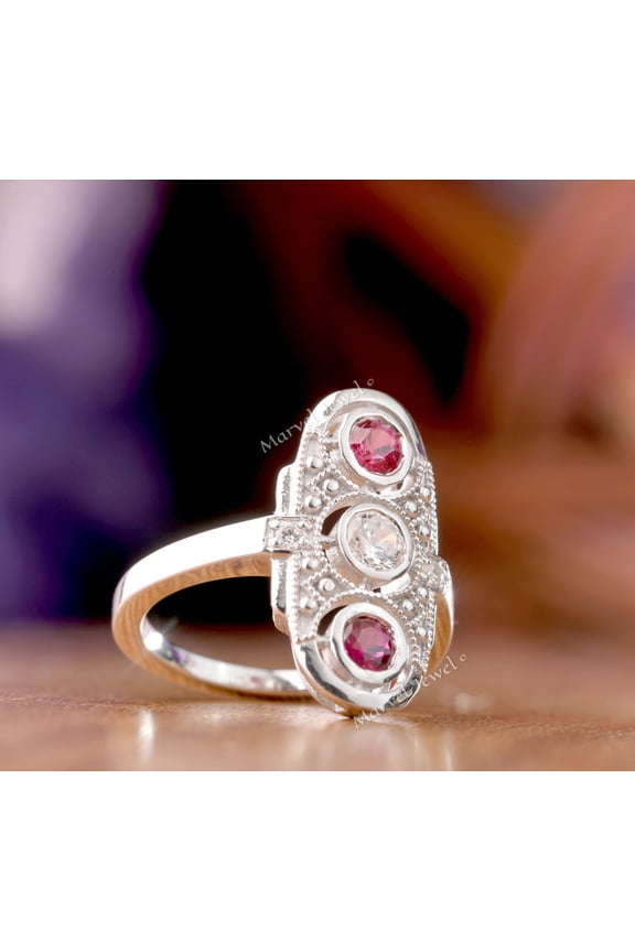 Vertical Three Stone Diamond Engagement Ring, Vintage Dinner Ring, Art Deco Navette Diamond Ring, Bezel Set Ruby Diamond Ring, 925 Sterling Silver, 1.8 Ct Simulated Diamond