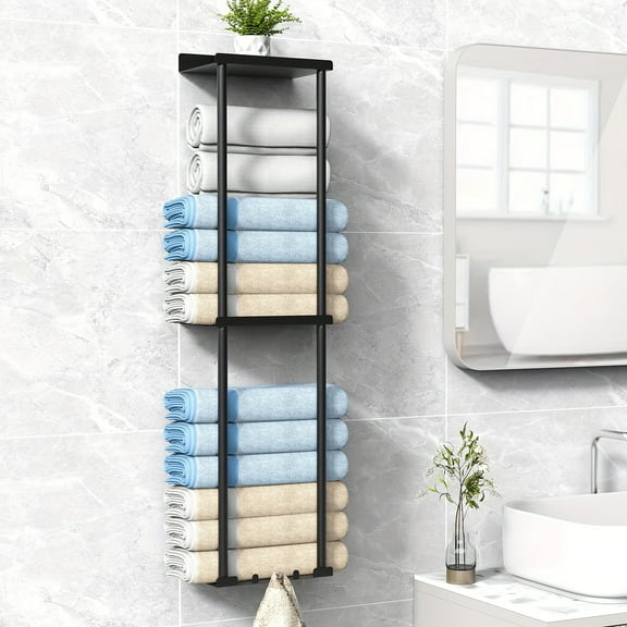 Vertical Towel Storage Organizer for The Bathroom, Wall-Mounted, with a Shelf, Accommodates Up to 6 Large Bath Towels, in a Large Black Size