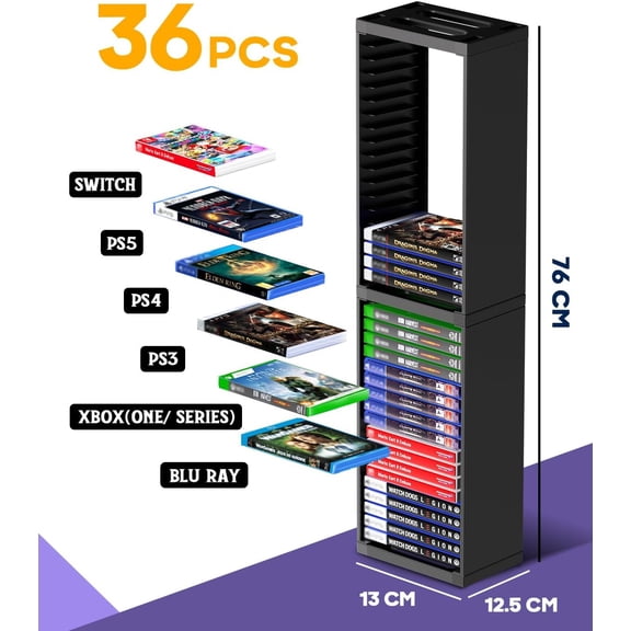 Vertical Video Game Storage Stand for PS5 PS4 Switch, Holds 36 Discs, Black Plastic Game Disc Holder Organizer Tower for Desktop
