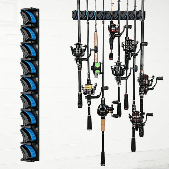Vertical Wall Mounted Fishing Rod Rack, Holds Up to 9 Fishing Rods, Fishing Pole Organizer for Garage, Fits 0.12-0.75 in Rods