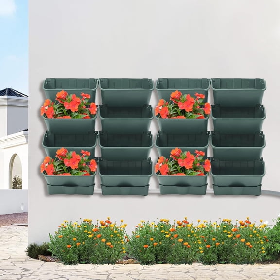 Vertical Wall Planter with 16 Pots, Hanging Garden Plant Flowerpot Holder, Stackable Wall-Mounted Planter, Balcony Planters for Flowers Vegetables Fruits ( 16 Pots+4 Drainage Planters&Pipe)