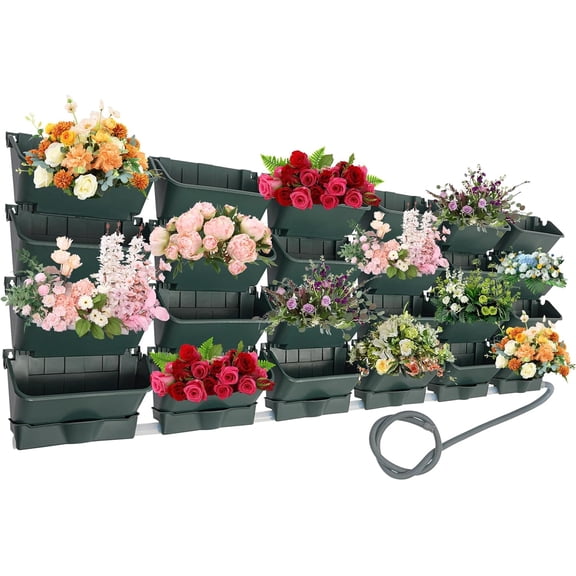 Vertical Wall Planter for Indoor Plant-Walls Mounted Pot with 6 Drainage Tray 24 Pack, 13" Planter w/6.56ft Drainage Pipe for Decor, Plastic Pots Balcony Planters (24, Army Green)