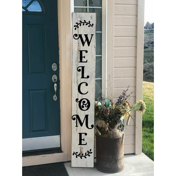 Vertical Welcome Decal Elegant Lettering Floral Art - Vinyl Decal Sticker for Tall Wood Sign - DIY Front Door Décor - Porch Sitter Decor Sign Art, 4ft or 6ft- Black