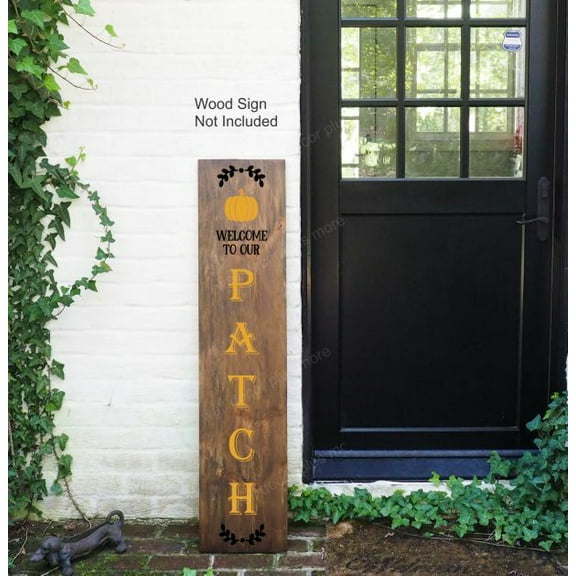 Vertical Welcome Decal Lettering -Fall Autumn Welcome to our Patch Vinyl Sticker -Decal Sticker for Tall Wood Sign -DIY Front Door Decor, 2-Color, 4ft or 6ft- Black/Honey