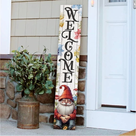 Vertical Welcome Gnome Porch Sign, Spring Collection Porch Signs, 8x46 Wooden Signs